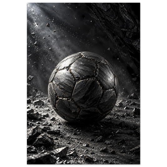 Bolden af Grafit – fodbold formet i mørk grafit på sort baggrund, kunstplakat fra Element Kunst