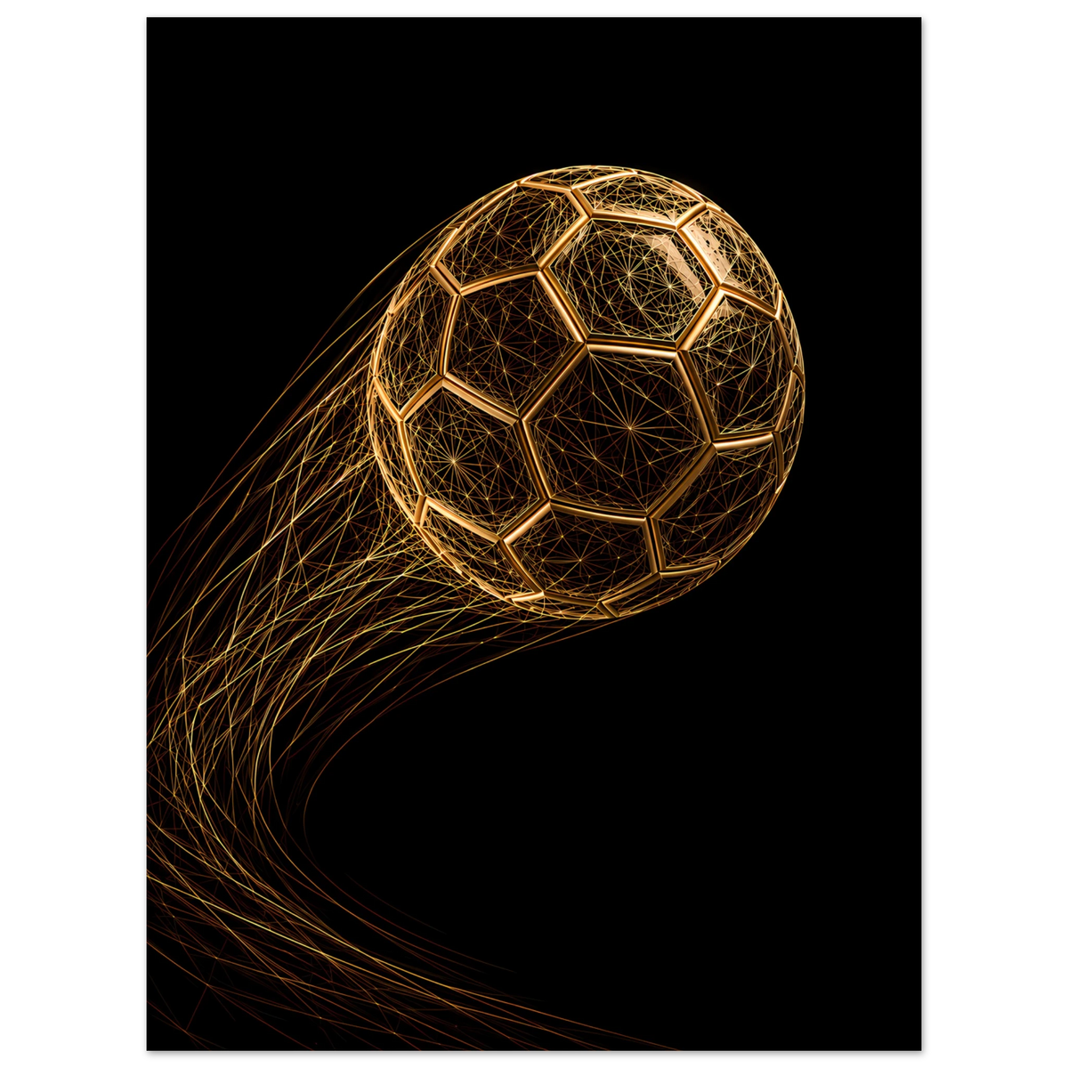 Bolden af Filigran – gylden fodbold i filigranlinjer flyver over sort baggrund, kunstplakat fra Element Kunst