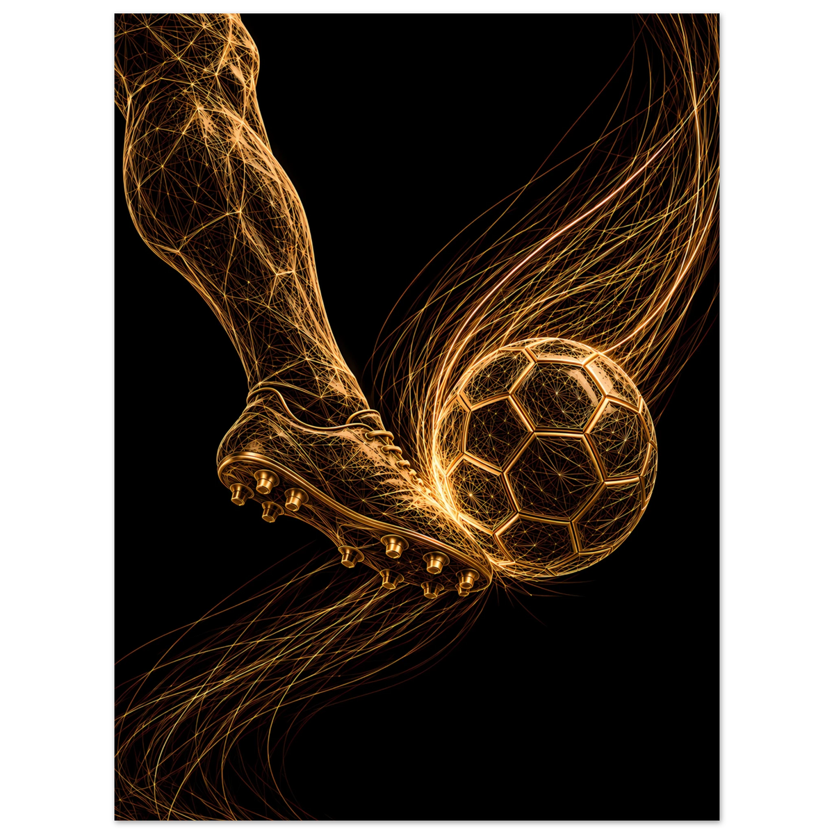 Sparket – fodbold kunstplakat i sort og guld i indretning
