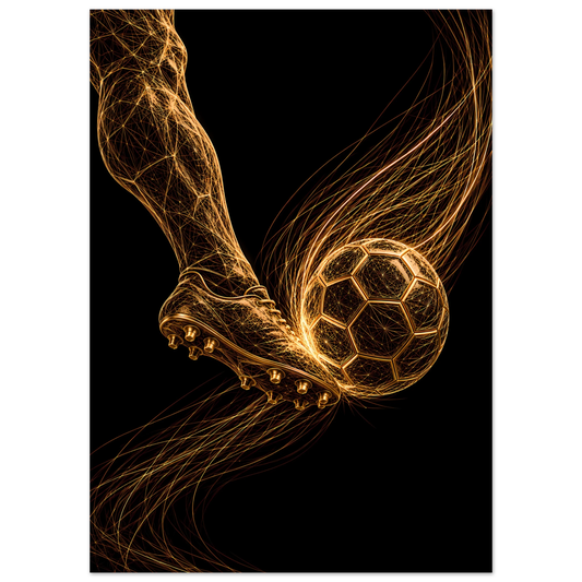 Sparket – fodbold kunstplakat i sort og guld i indretning
